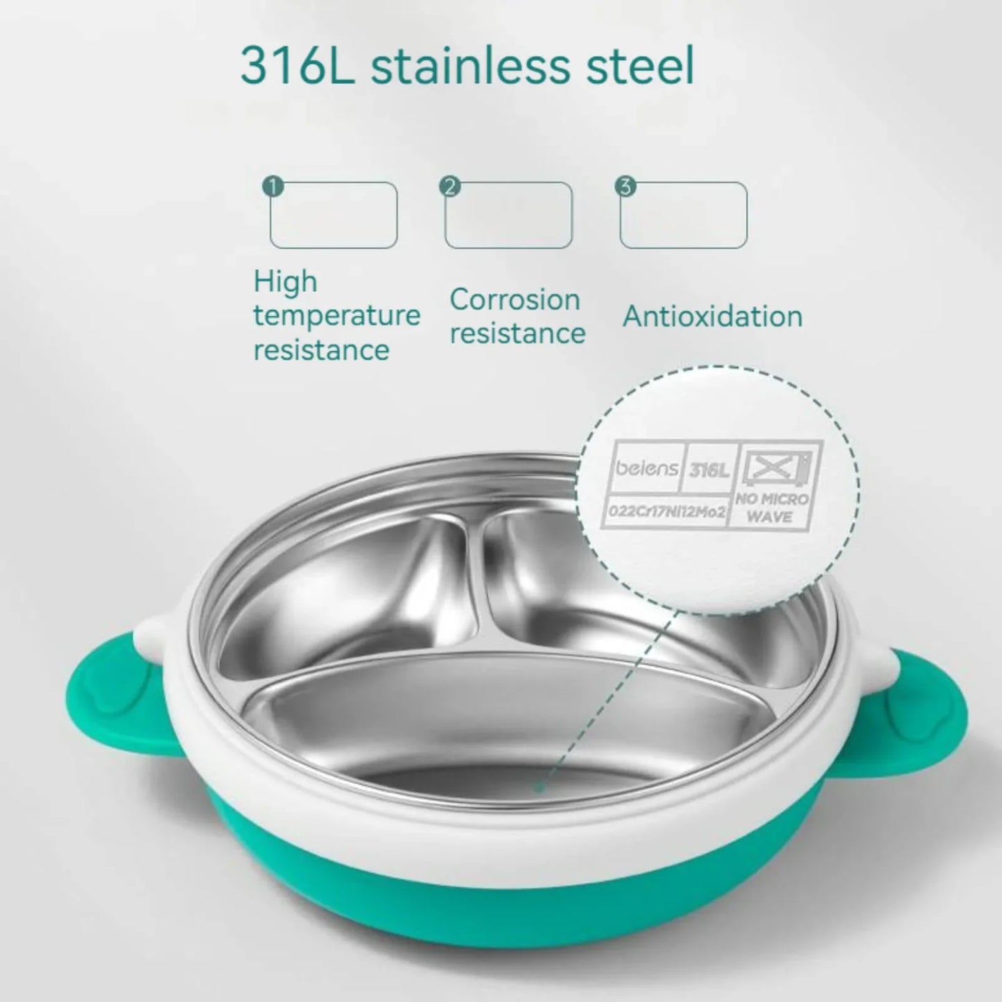 3 Grids Thermal Stainless Steel Baby Toddler Suction Plate /Bowl Set-Green