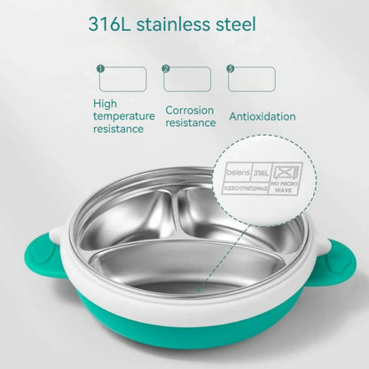 3 Grids Thermal Stainless Steel Baby Toddler Suction Plate /Bowl Set-Green