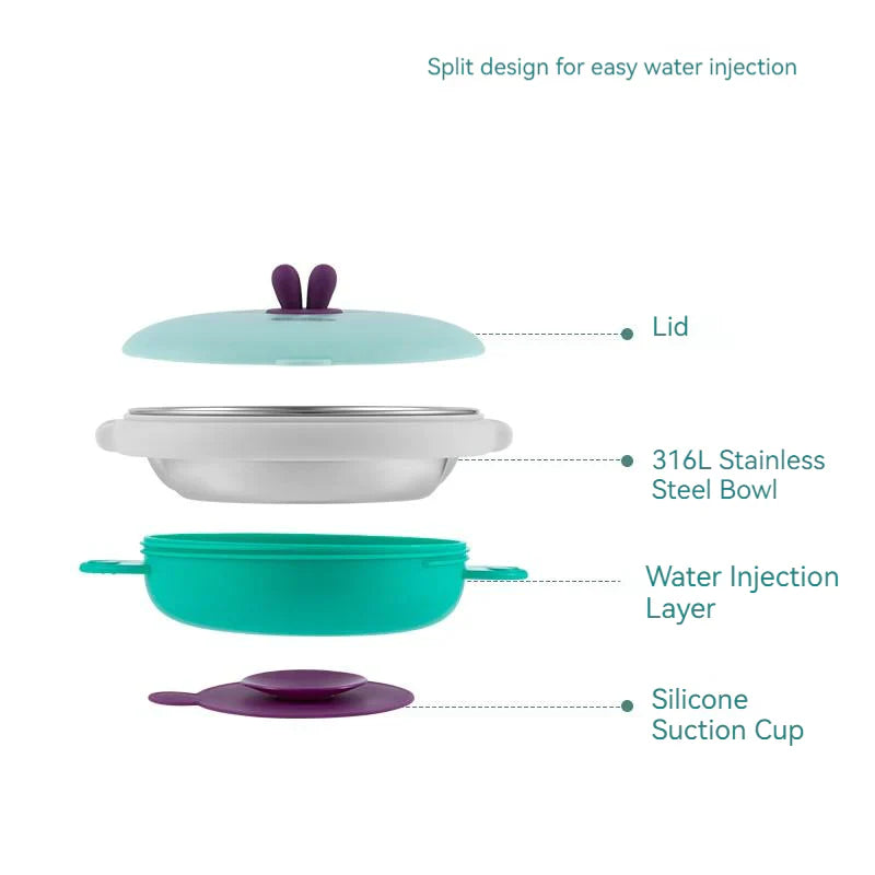 3 Grids Thermal Stainless Steel Baby Toddler Suction Plate /Bowl Set-Green