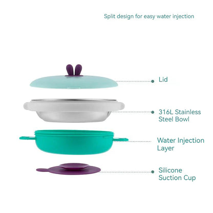 3 Grids Thermal Stainless Steel Baby Toddler Suction Plate /Bowl Set-Green
