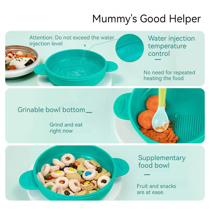 3 Grids Thermal Stainless Steel Baby Toddler Suction Plate /Bowl Set-Green