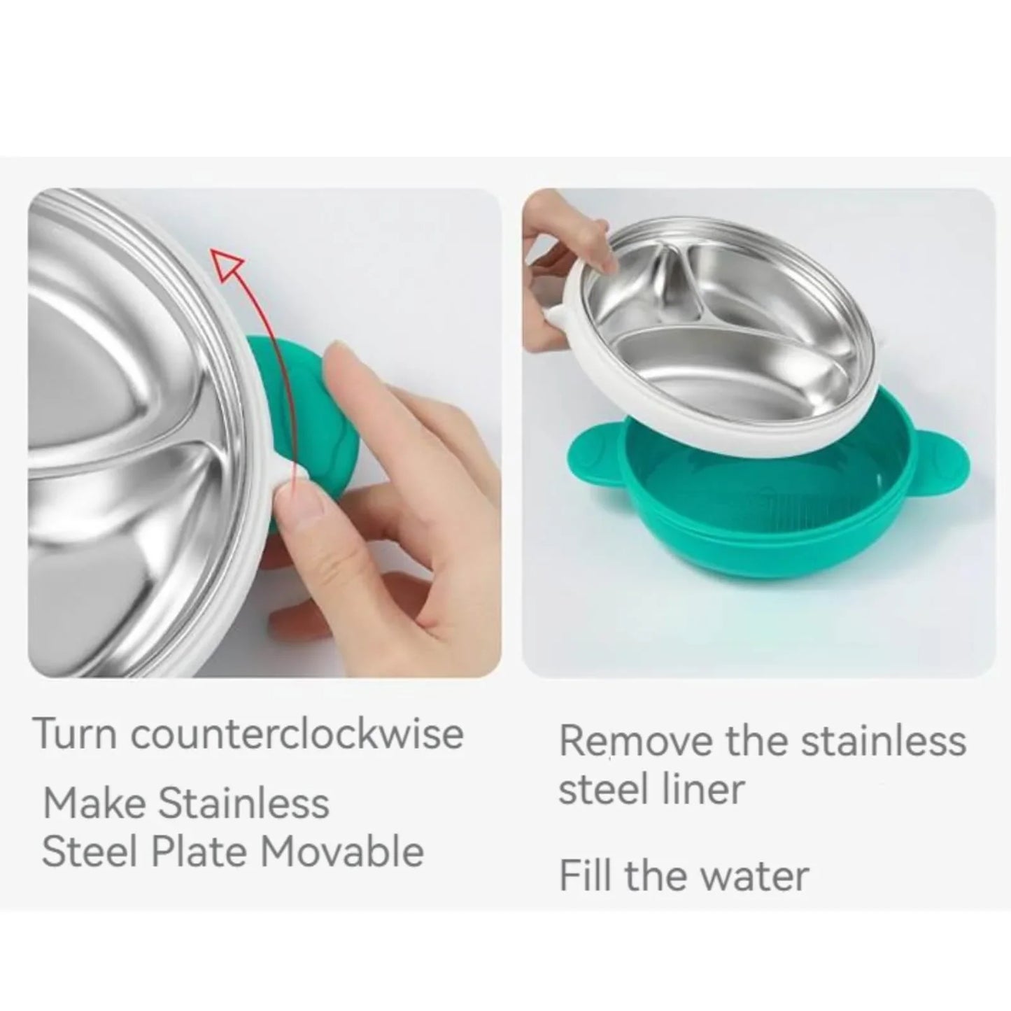 3 Grids Thermal Stainless Steel Baby Toddler Suction Plate /Bowl Set-Green