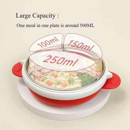 3 Grids Thermal Stainless Steel Baby Toddler Suction Plate /Bowl Set-Green