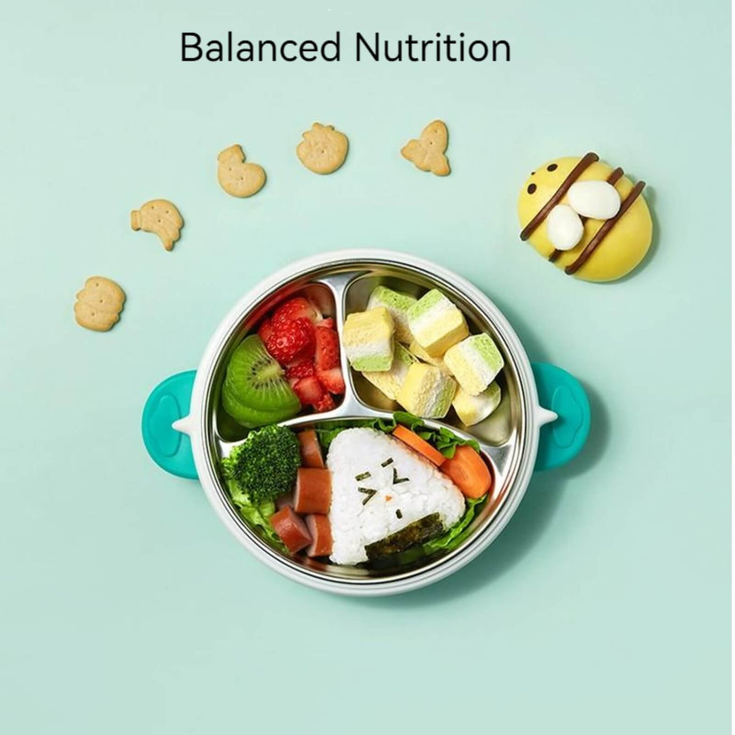 3 Grids Thermal Stainless Steel Baby Toddler Suction Plate /Bowl Set-Green