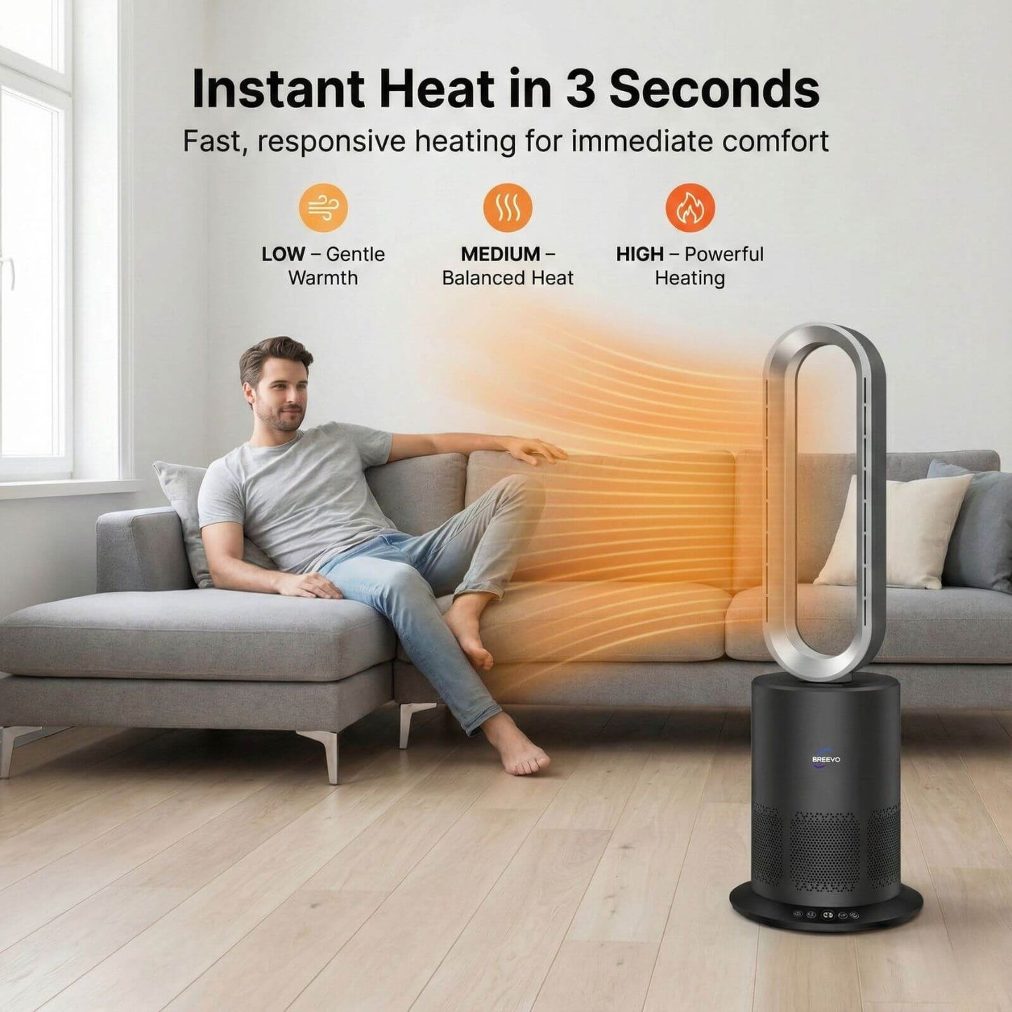 3-in-1 Bladeless Fan with Air Purifier & Heater for NZ Rooms – Silver/Grey | PureFlow