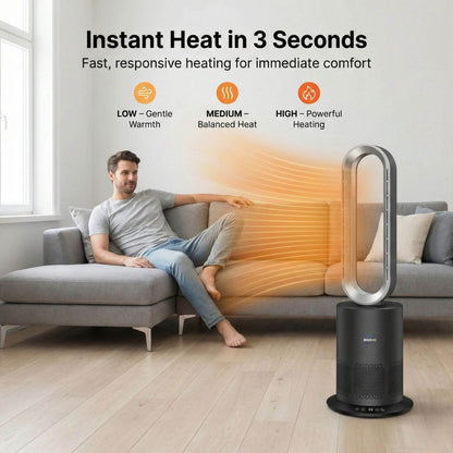 3-in-1 Bladeless Fan with Air Purifier & Heater for NZ Rooms – Silver/Grey | PureFlow