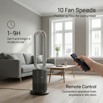 3-in-1 Bladeless Fan with Air Purifier & Heater for NZ Rooms – Silver/Grey | PureFlow
