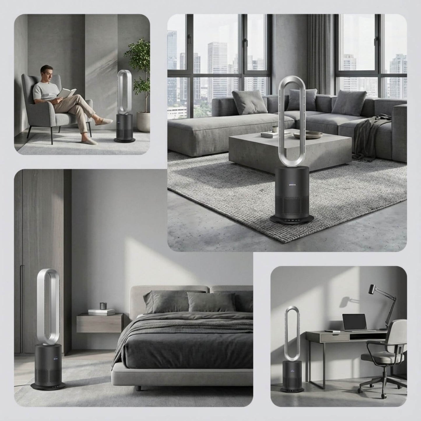 3-in-1 Bladeless Fan with Air Purifier & Heater for NZ Rooms – Silver/Grey | PureFlow