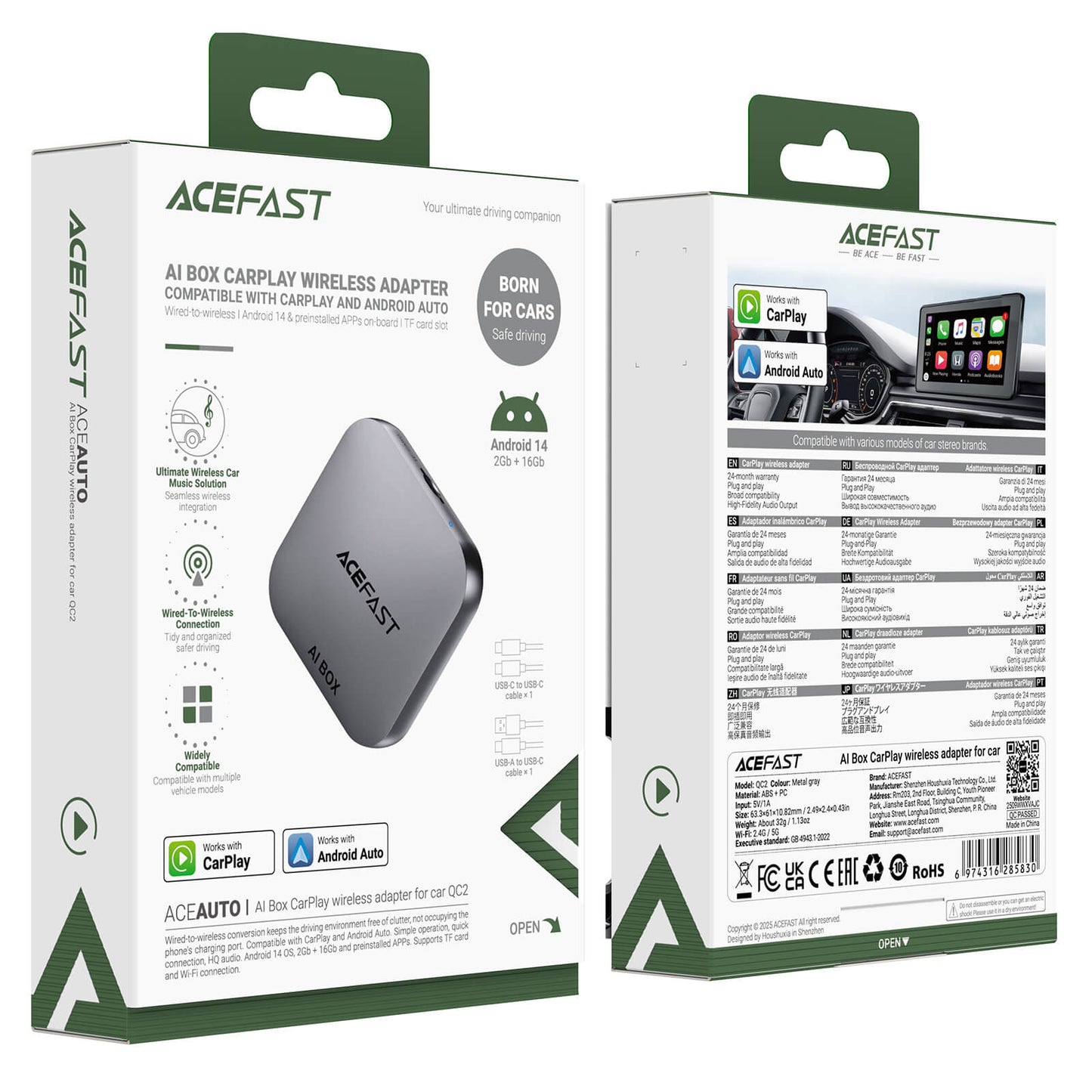 Acefast Wireless CarPlay Android Auto AI Box Adapter with Streaming Apps QC2