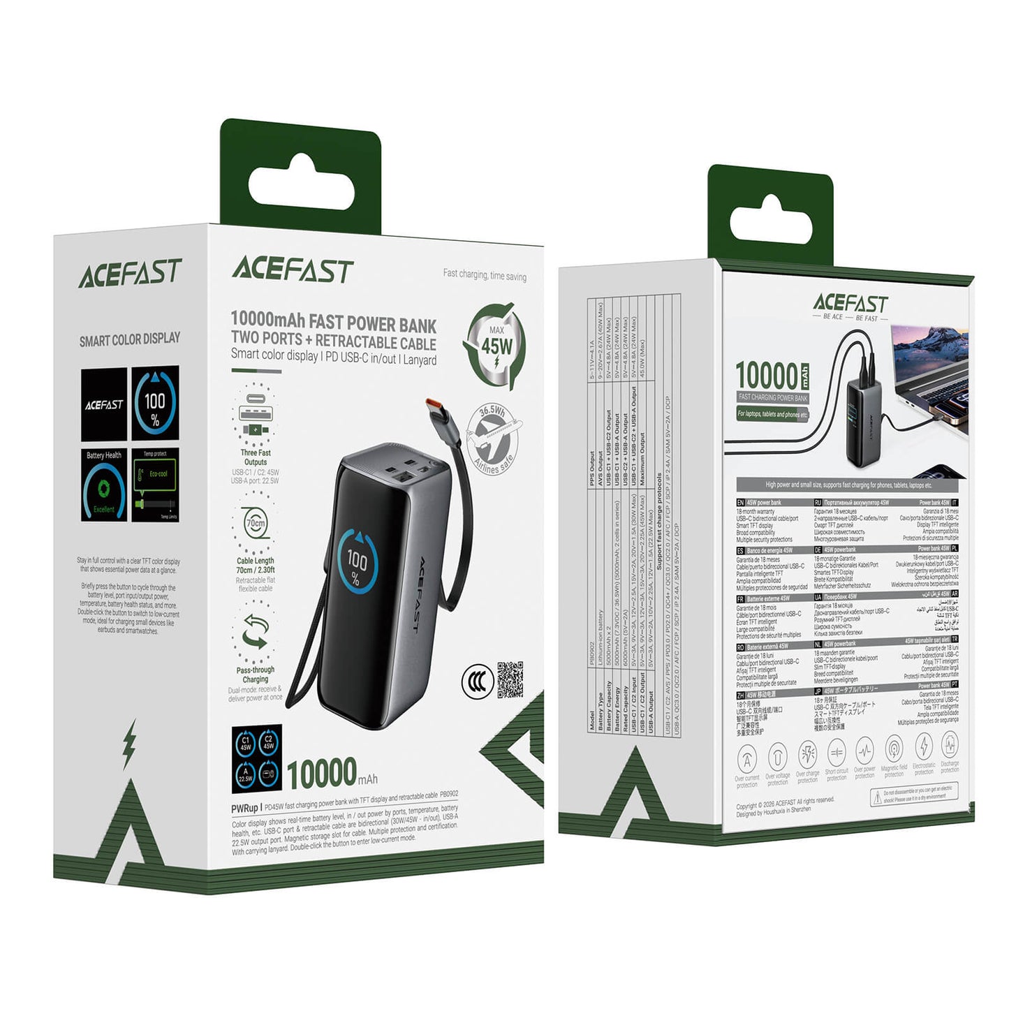 Acefast 10000mAh 45W Power Bank with Retractable Cable and TFT Display M37