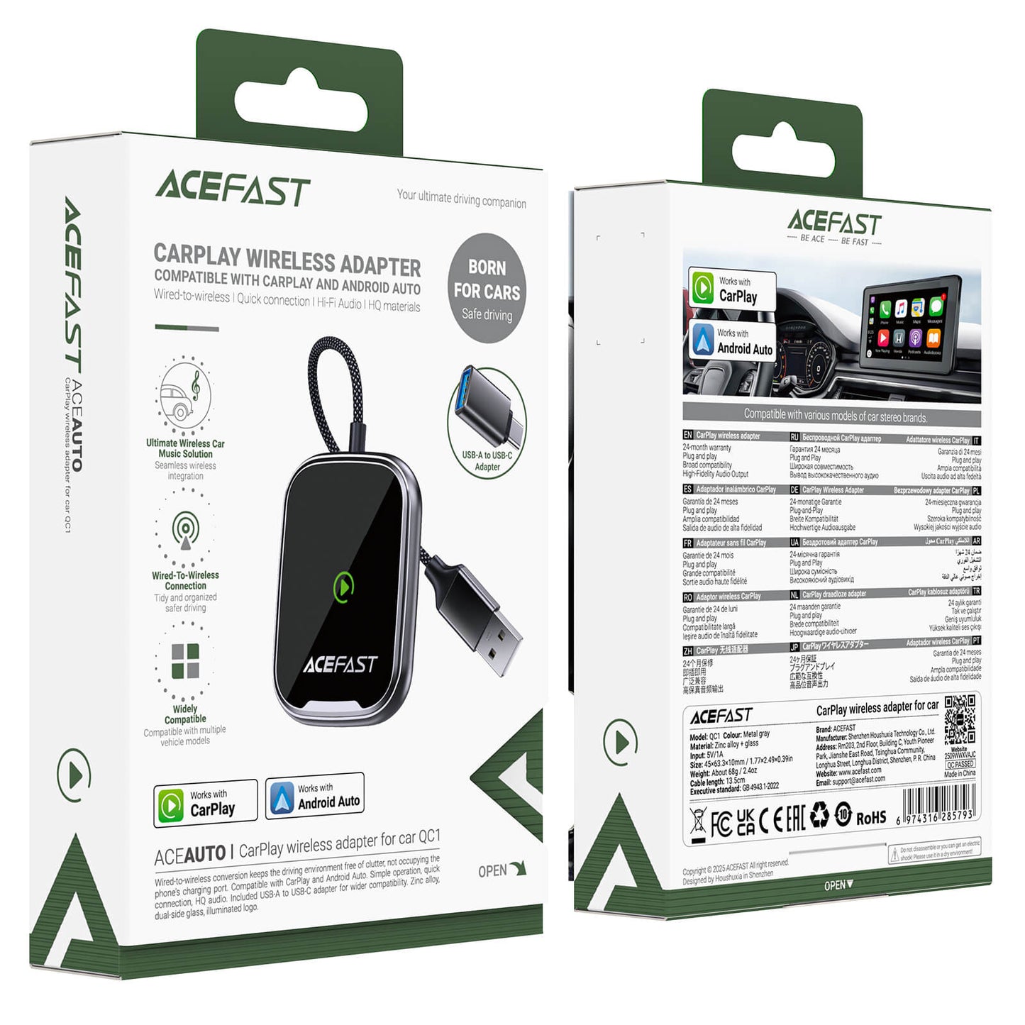 Acefast Wireless CarPlay Android Auto Adapter with USB-A Plug and USB-C Adapter QC1