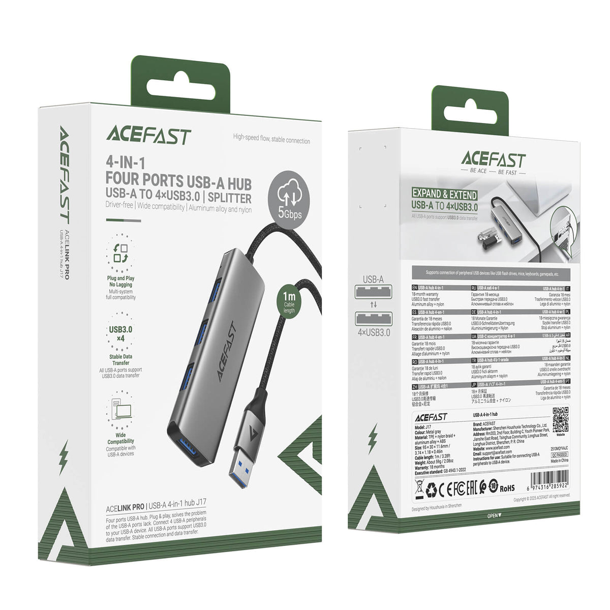 Acefast USB-A 4 in 1 USB 3.0 Splitter Hub with 5Gbps Speed 1 Meter Cable J17