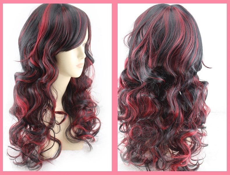 Women Long Wig Black with Red Synthetic Hair Full Wigs High Quality