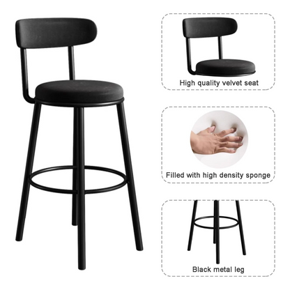 Set of 2 Barstools Modern Black Velvet Bar Stools