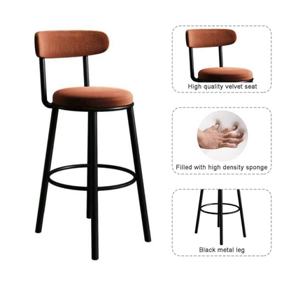 Set of 2 Barstool Modern Brown Velvet Bar Stools
