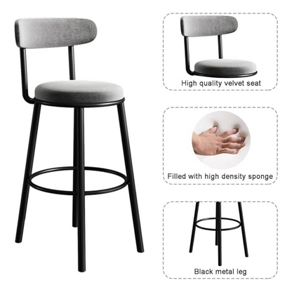 Set of 2 Modern Grey Velvet Bar Stools