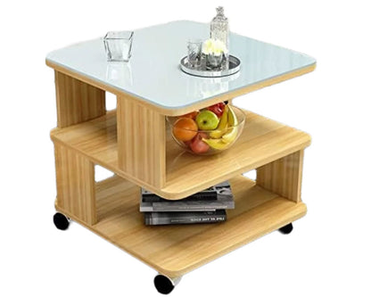 Coffee Table Side Table with Wheels and Glass Top