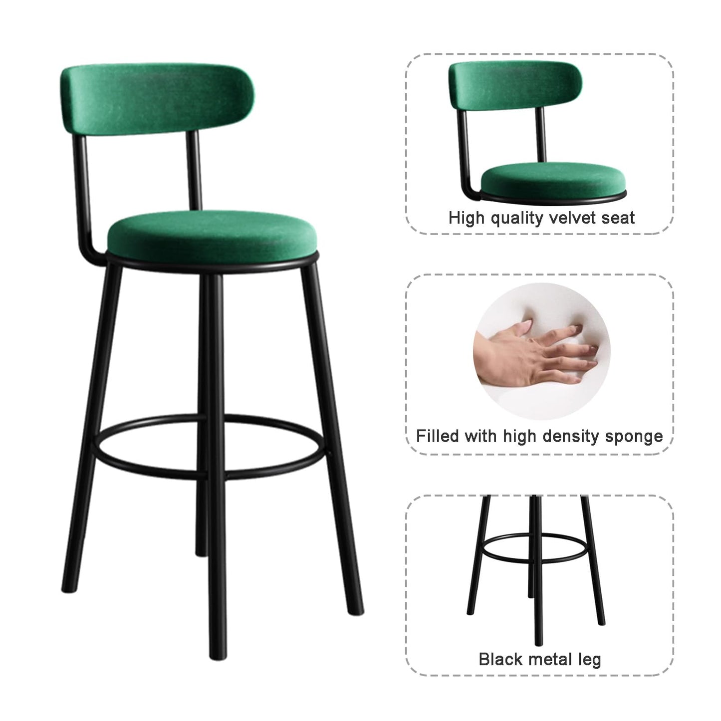 Set of 2 Barstools Modern Green Velvet Bar Stools