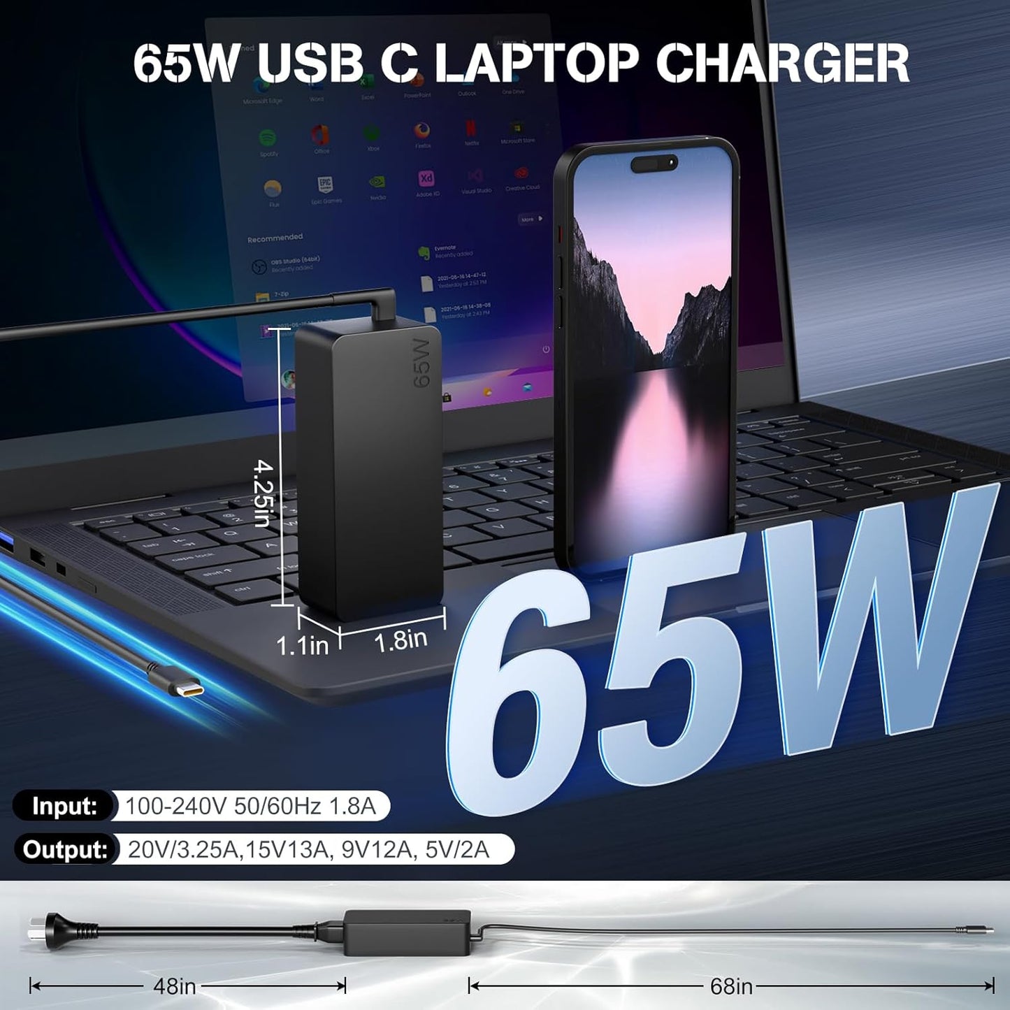 65W Lenovo Laptop Charger USB C - Fast USB C 65W Lenovo Laptop Charger