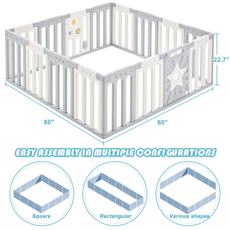 Coolever Baby Playpen Baby Fence 14+2 Panels (Grey & White Stars)