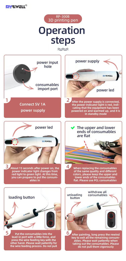 3D Pen Start Kit with 10 Colors 50 Meters PCL Filaments