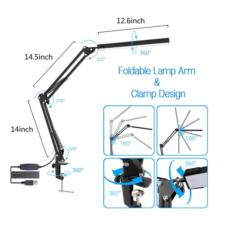 Swing Arm LED Desk Lamp with Clamp 3 Color Modes 10 Brightness Levels Black