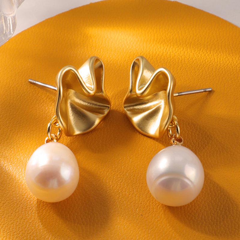 Embellique Gold Plated Brass with Natural Water Pearl Earrings Lotus Leaf Shape