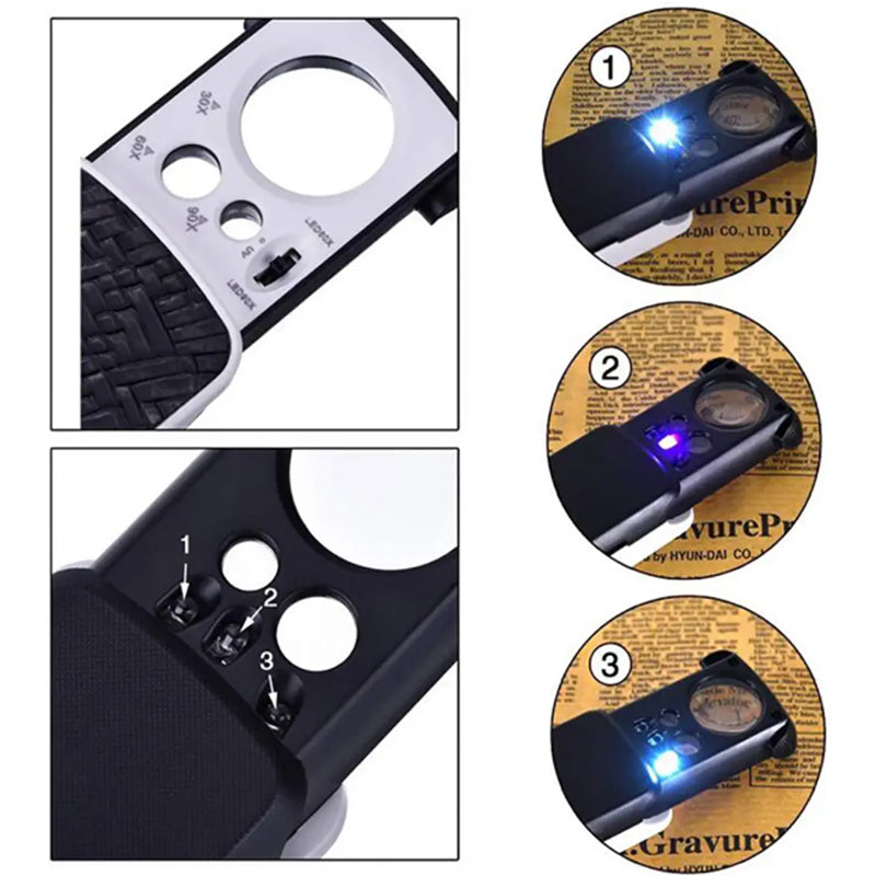 Jewelry Loupe Magnifier with UV LED Light 30X 60X 90X Slide Out Pocket Magn... S