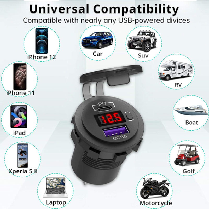 12V USB C Car Charger Socket Dual PD & QC 3.0 Ports Car Adapter with 60cm Wire Blue