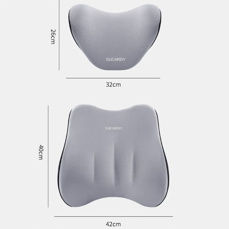 Lumbar Support Pillow and Car Headrest Neck Pillow Set Ergonomic Design Grey