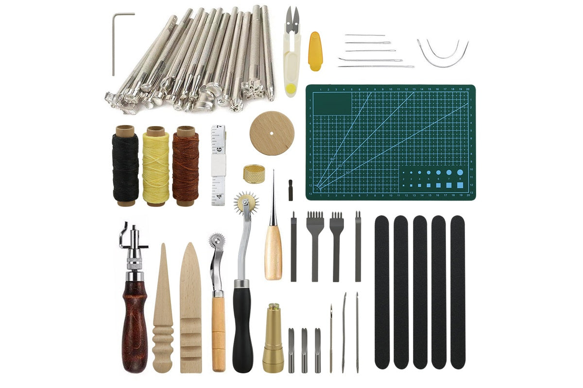 59PCs  Leather Craft Tools Kit Tools DIY Groover Punch Kit Stiching Carving Craft Sewing