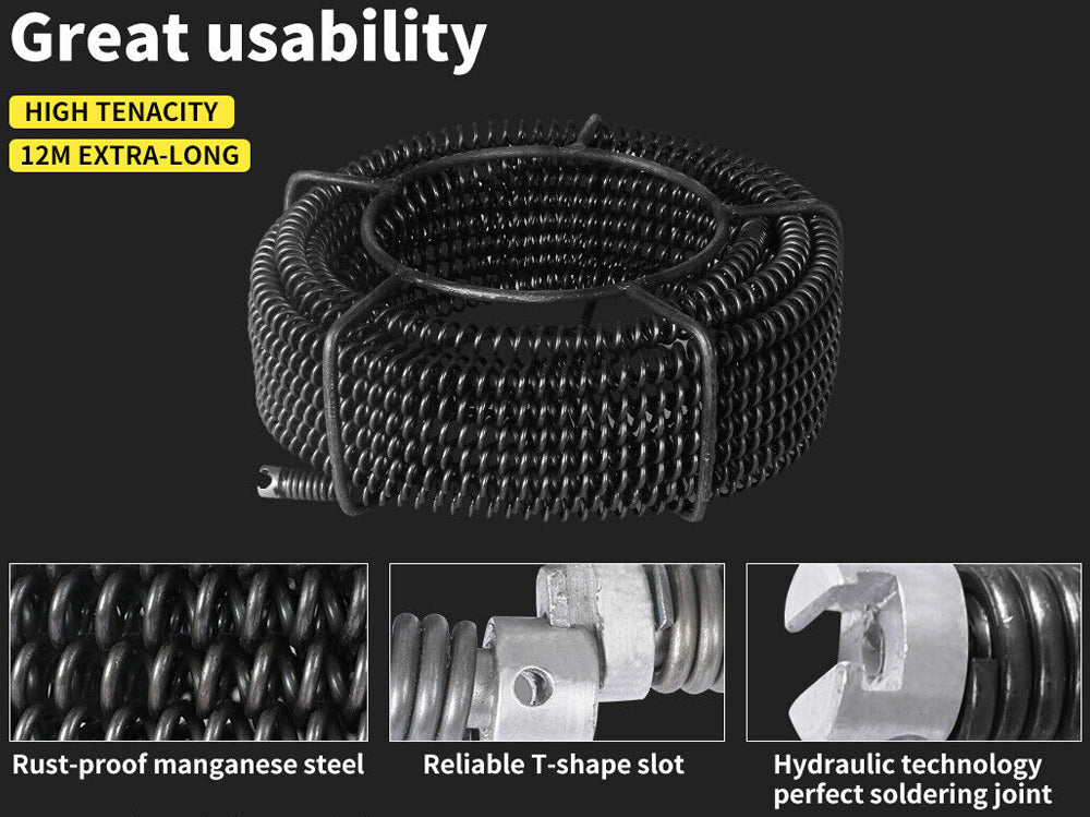 Drain Snake Pipe Cleaner Sewer Cleaner 12M 6 Drill Bit Tool