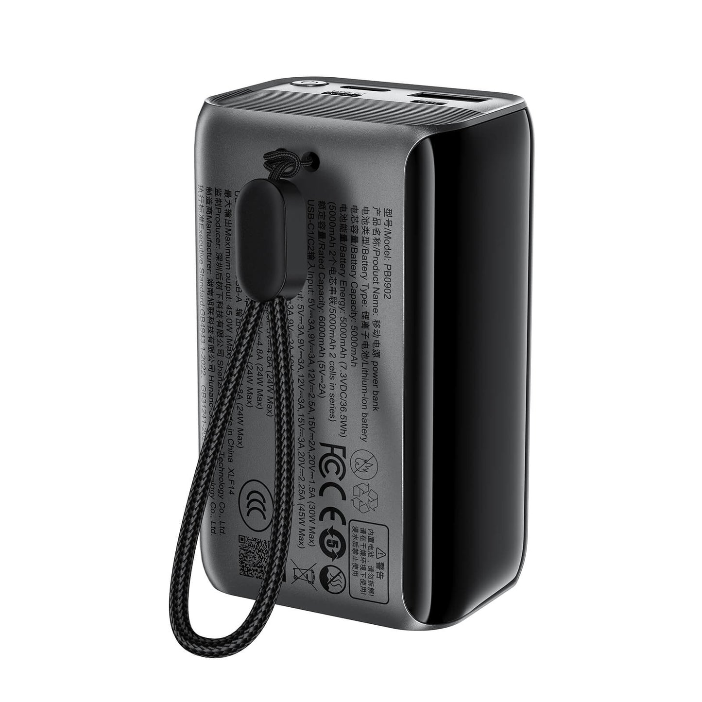 Acefast 10000mAh 45W Power Bank with Retractable Cable and TFT Display M37