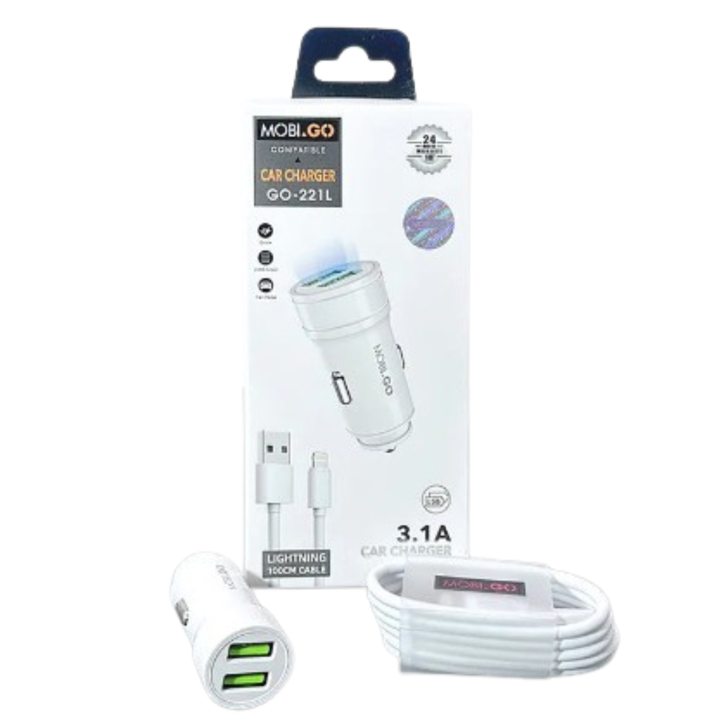 Mobigo Dual USB Car Charger With Lightning Cable GO221L
