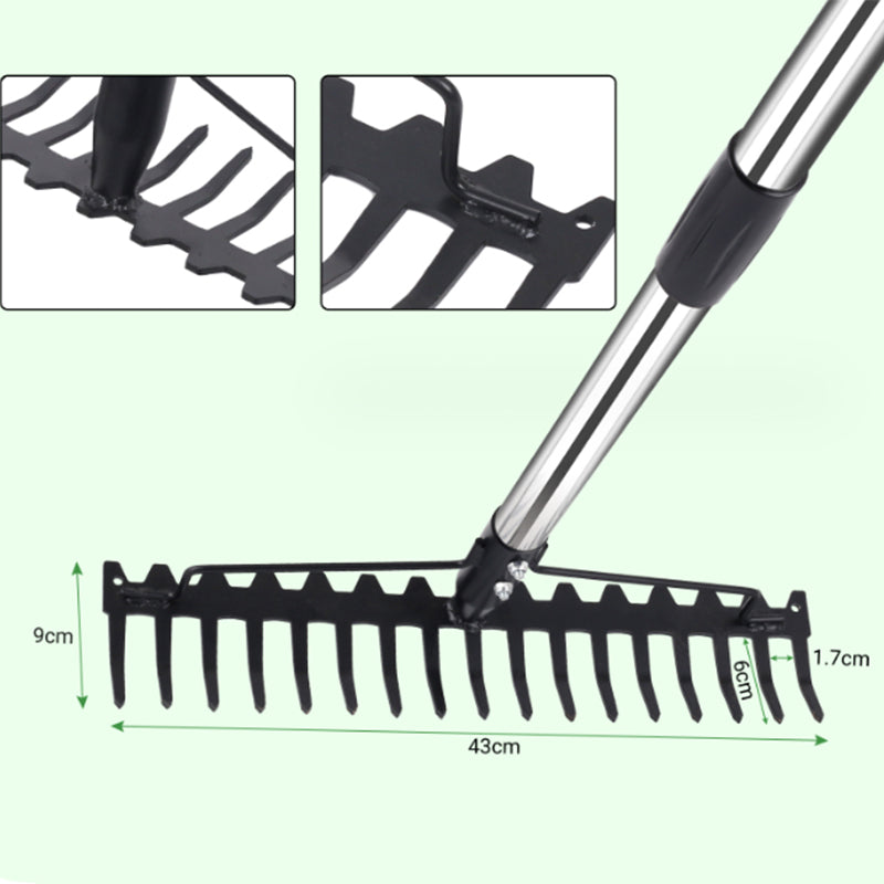 Multifunctional grass rake 17 Steel Tines Metal Head with Stainless Steel Handle