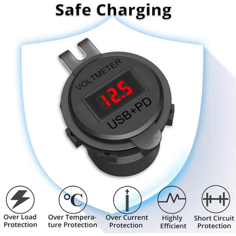 12V USB C Car Charger Socket Dual PD & QC 3.0 Ports Car Adapter with 60cm Wire Blue
