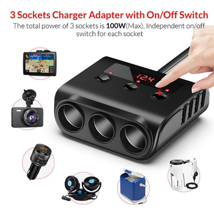 Car Cigarette Lighter Adapter 12V/24V 3-Sockets Vehicles Lighter with 4 USB