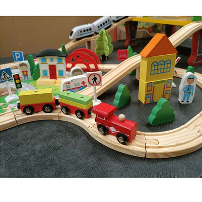 78 Pcs Wooden Railway Track Toy Early Educational Manual Control Car Set Gift