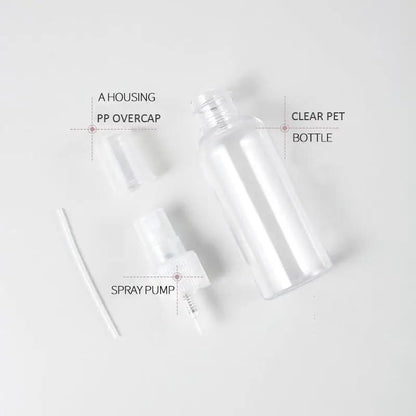 50 x 100 ml Clear Plastic Bottle with Fine Mist Spray Atomiser & Cap