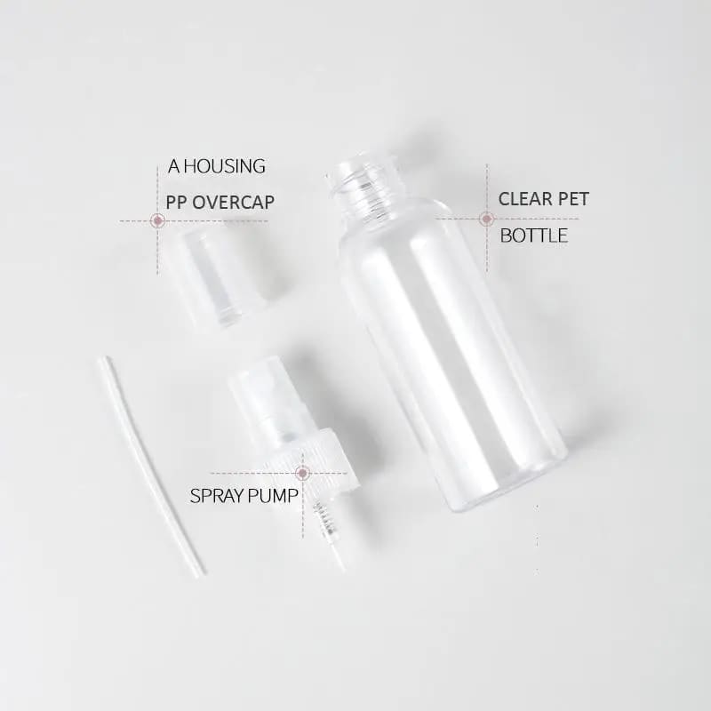 50 x 100 ml Clear Plastic Bottle with Fine Mist Spray Atomiser & Cap
