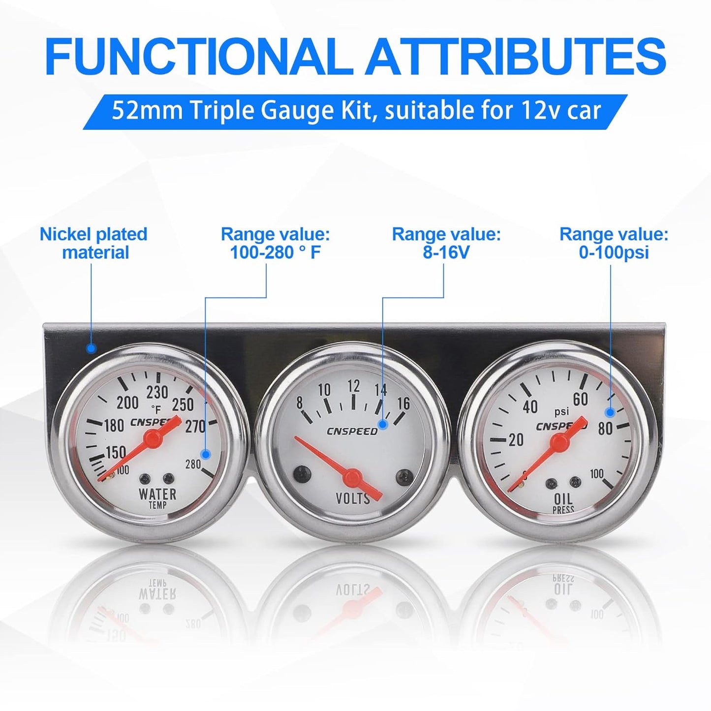 52mm Triple Kit Water Temperature Gauge Voltmeter Oil Pressure Gauge