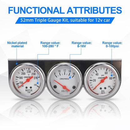 52mm Triple Kit Water Temperature Gauge Voltmeter Oil Pressure Gauge