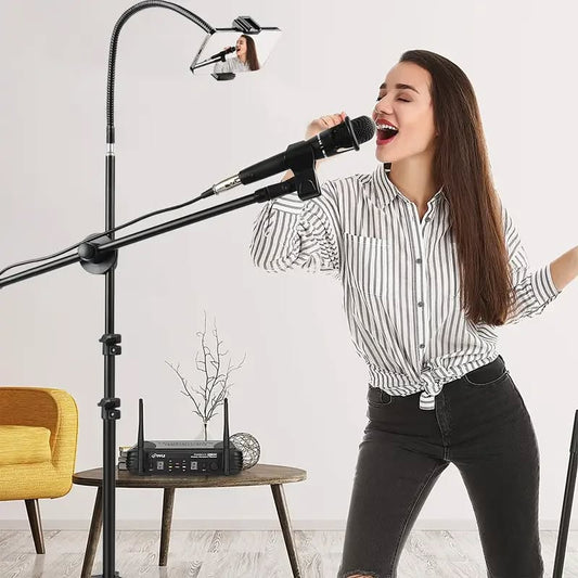 Microphone Stand with Phone Clip Gear Design Gooseneck Tube Height-Adjustable