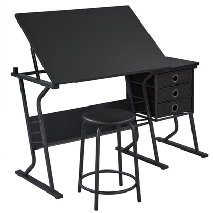 Drafting Table & Stool Set For Artists Tilting Tabletop with Additional Side Countertop