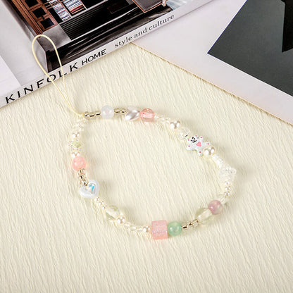 Mobie Bear Charm Pearl Bead Phone Strap Anti Drop Wrist Lanyard 19cm