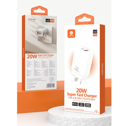VFAN USB A + C PD 20W Dual Super Fast Charger Plug AU6