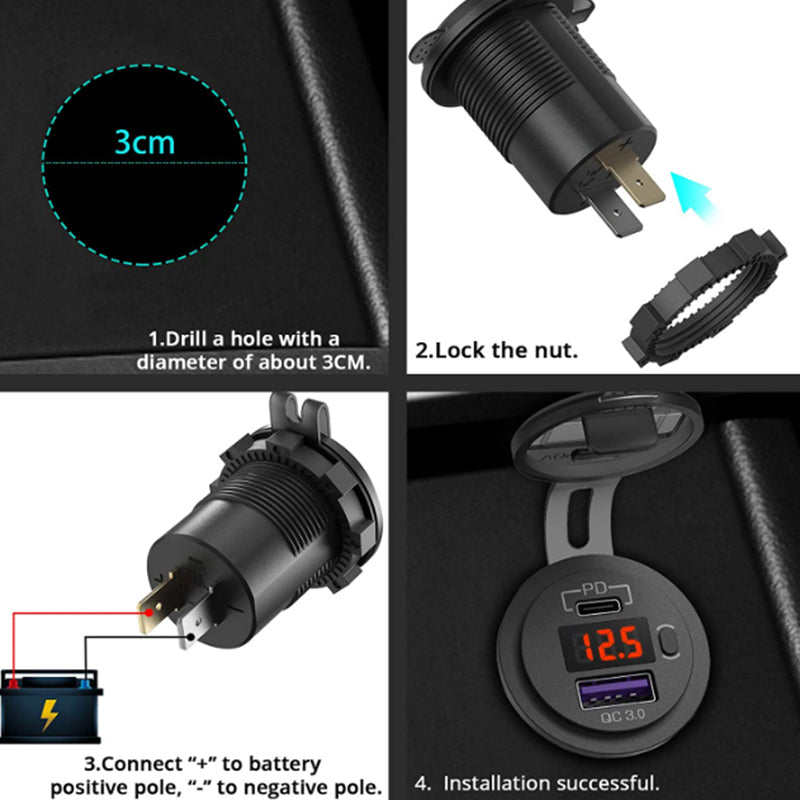 12V USB C Car Charger Socket Dual PD & QC 3.0 Ports Car Adapter with 60cm Wire Blue