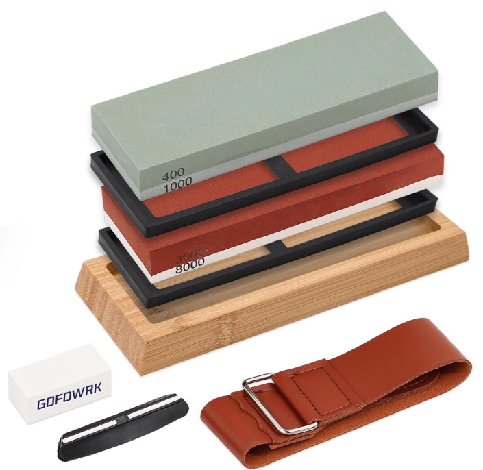 Knife Sharpening Stone Set, 4 Side Grit 400/1000, 3000/8000 Whetstone, Wet Stone Sharpener Stone Kit