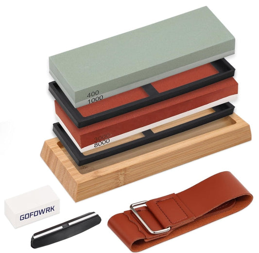 Knife Sharpening Stone Set, 4 Side Grit 400/1000, 3000/8000 Whetstone, Wet Stone Sharpener Stone Kit