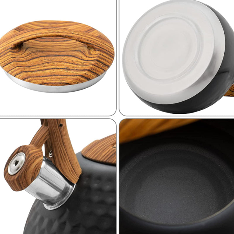 3L Whistling Stainless Steel Diamond Pattern Tea Kettle with Wood Grain Handle Black